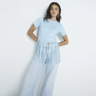 Blue Sequin Fringe Crop T-shirt sold by River Island