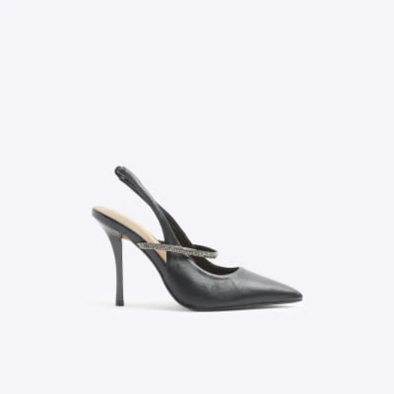 Black embellished strap heeled court shoes sold by River Island