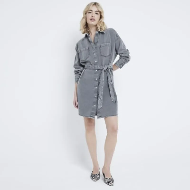 Grey denim belted mini shirt dress sold by River Island