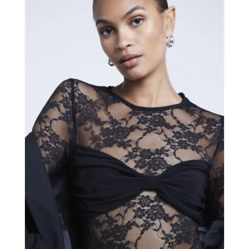 Black lace tie back bodysuit sold by River Island