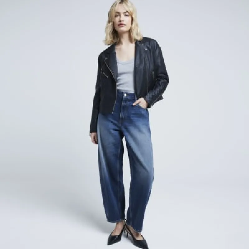 Black faux leather biker jacket sold by River Island