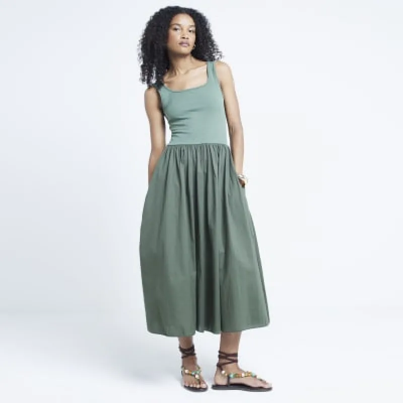 Khaki hybrid skater midi dress made by River Island