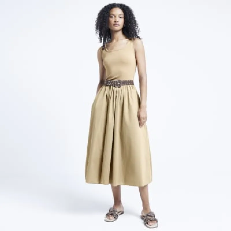 Brown hybrid skater midi dress sold by River Island