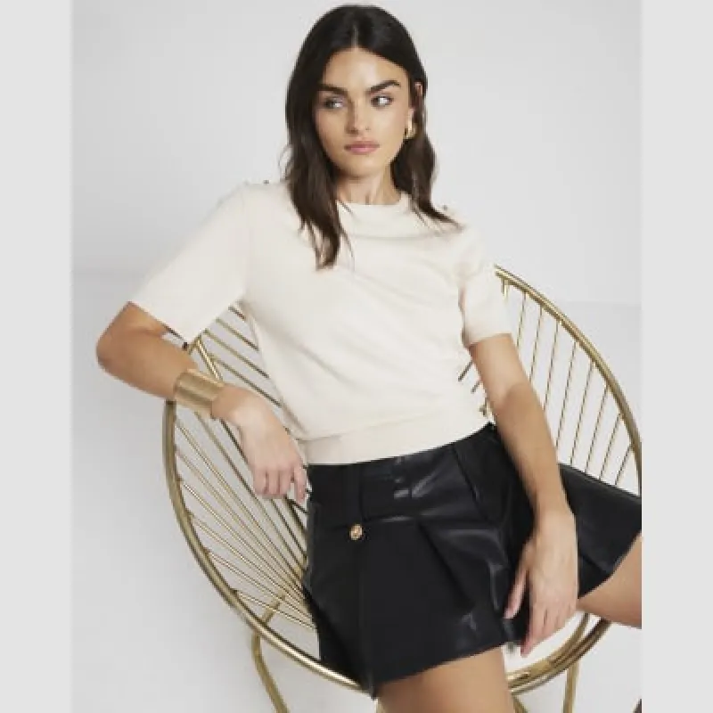Cream knit button detail t-shirt sold by River Island