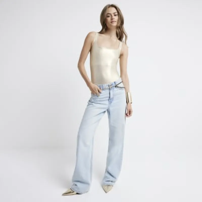Gold Metallic Square Neck Bodysuit sold by River Island