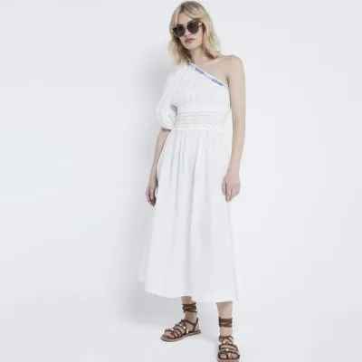 White one shoulder beaded midi dress sold by River Island