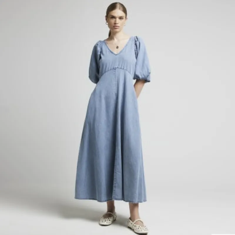 Blue denim puff sleeve smock midi dress sold by River Island