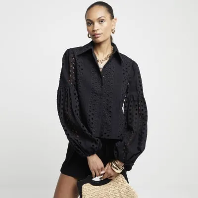 Black Broderie Puff Sleeve Shirt sold by River Island
