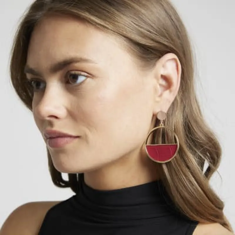 Red croc embossed panel circle earrings sold by River Island
