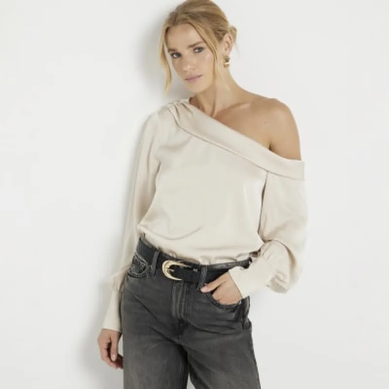 Cream Satin Off Shoulder Blouse sold by River Island