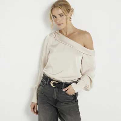 Cream Satin Off Shoulder Blouse sold by River Island