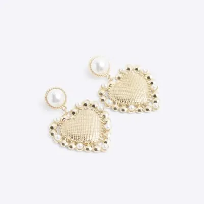 Gold pearl heart drop earrings sold by River Island