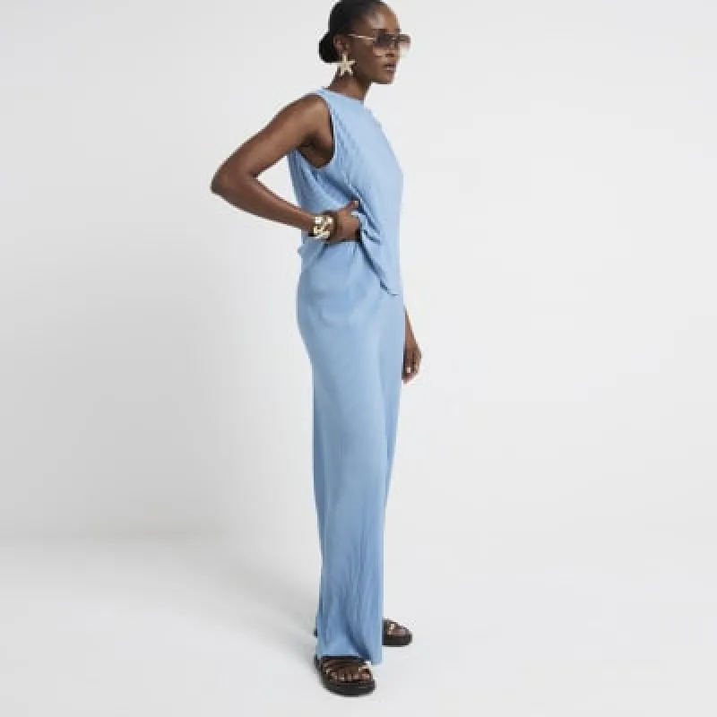 Blue Plisse Wide Leg Trousers sold by River Island