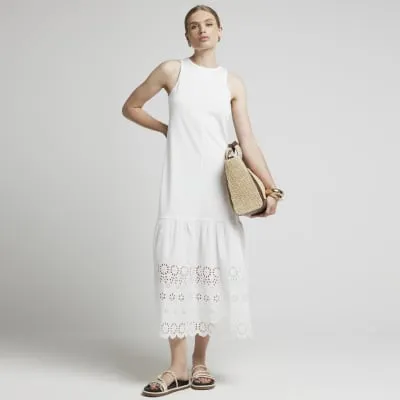 White Broderie Hem Shift Midi Dress sold by River Island