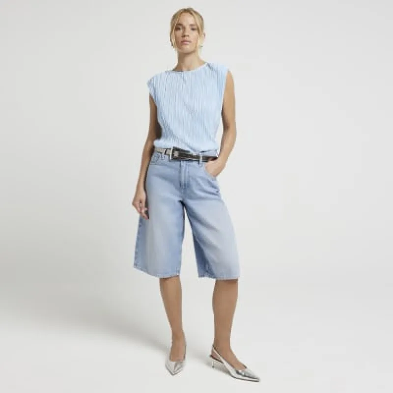 Blue plisse shoulder pad top sold by River Island