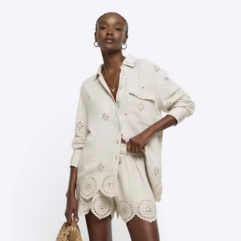 Stone linen blend broderie detail shirt sold by River Island