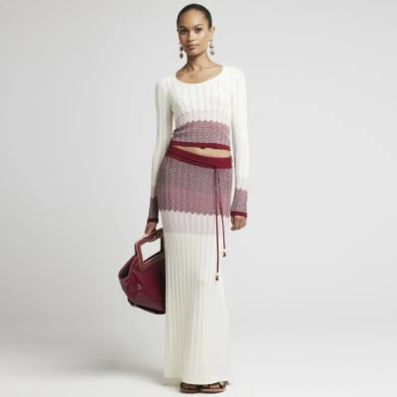 Red chevron knit maxi skirt sold by River Island