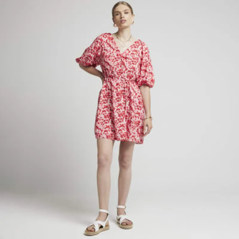 Red floral Belted Swing Mini Dress sold by River Island
