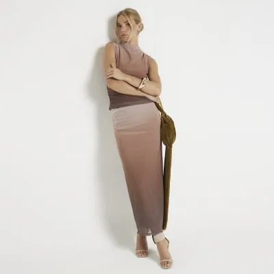 Brown mesh ombre ruched midi skirt sold by River Island