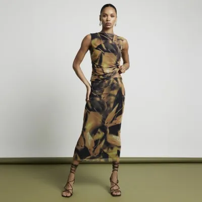 Khaki Mesh Floral Midi Skirt sold by River Island