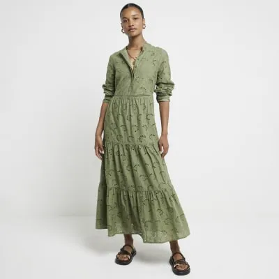 Khaki broderie tiered midi shirt dress sold by River Island