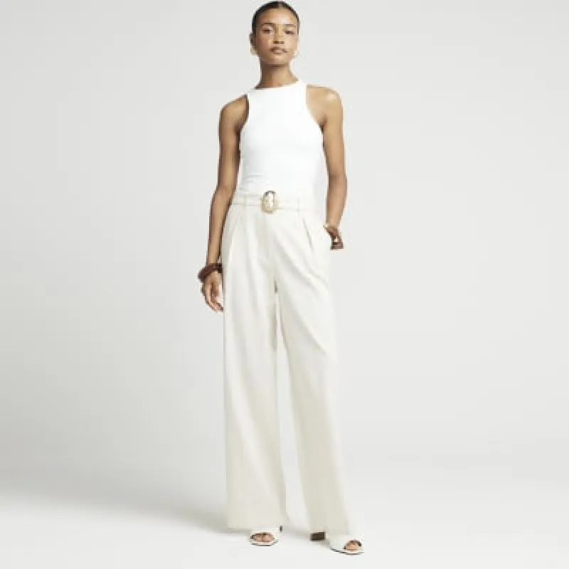Cream Belted Wide Leg Trousers sold by River Island