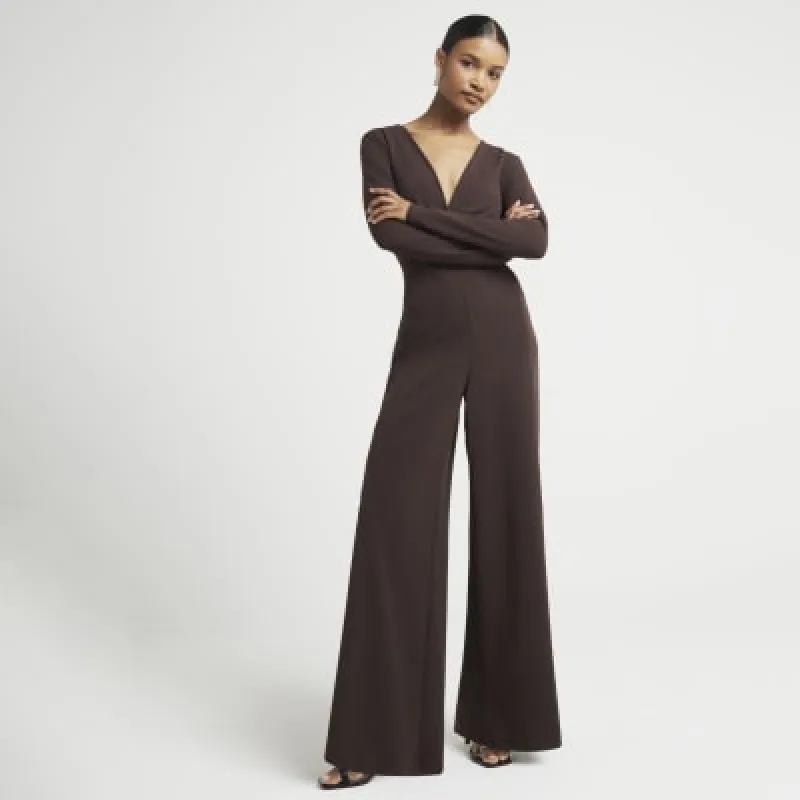 Brown plunge wide leg jumpsuit sold by River Island