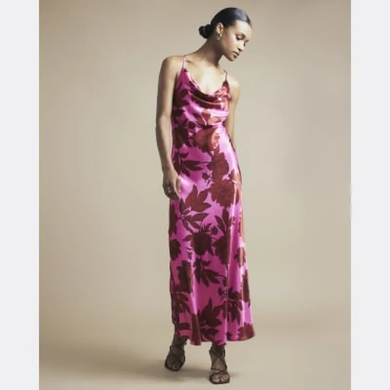 Pink satin floral cross back slip midi dress sold by River Island
