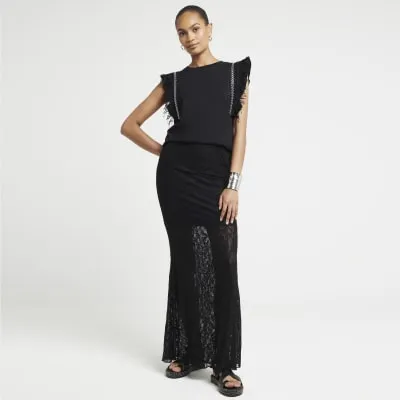 Black Eyelet Fringe Top sold by River Island