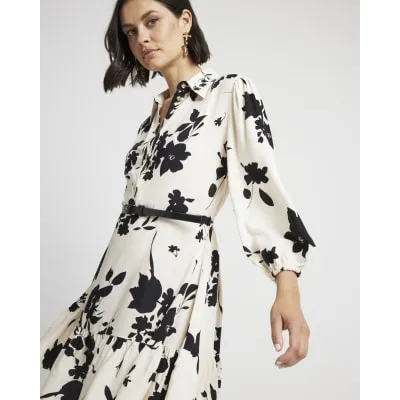 Cream floral belted mini shirt dress sold by River Island