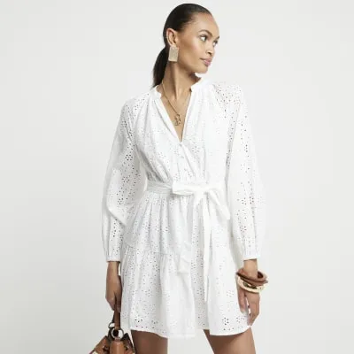 White Broderie Belted Mini Shirt Dress sold by River Island