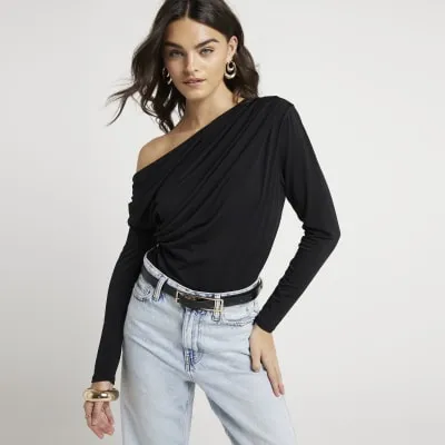 Black Drape Off Shoulder Bodysuit sold by River Island