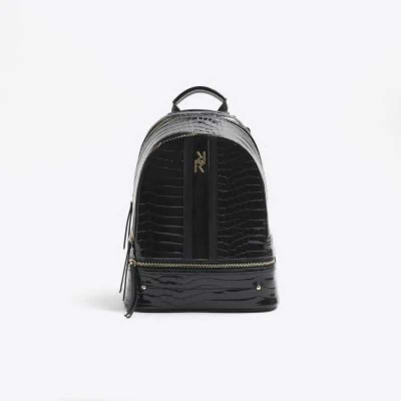 Black patent croc embossed backpack sold by River Island