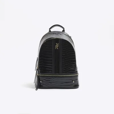 Black patent croc embossed backpack sold by River Island