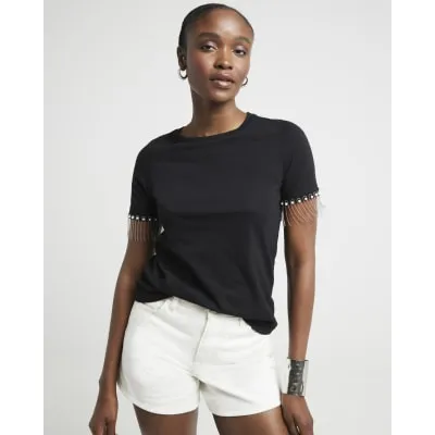 Black embellished sleeve t-shirt sold by River Island