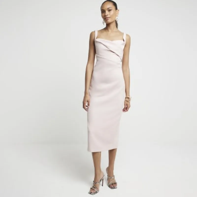Pink Ruched Open Back Bodycon Midi Dress sold by River Island