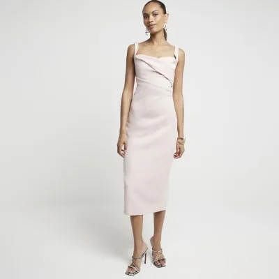 Pink Ruched Open Back Bodycon Midi Dress sold by River Island