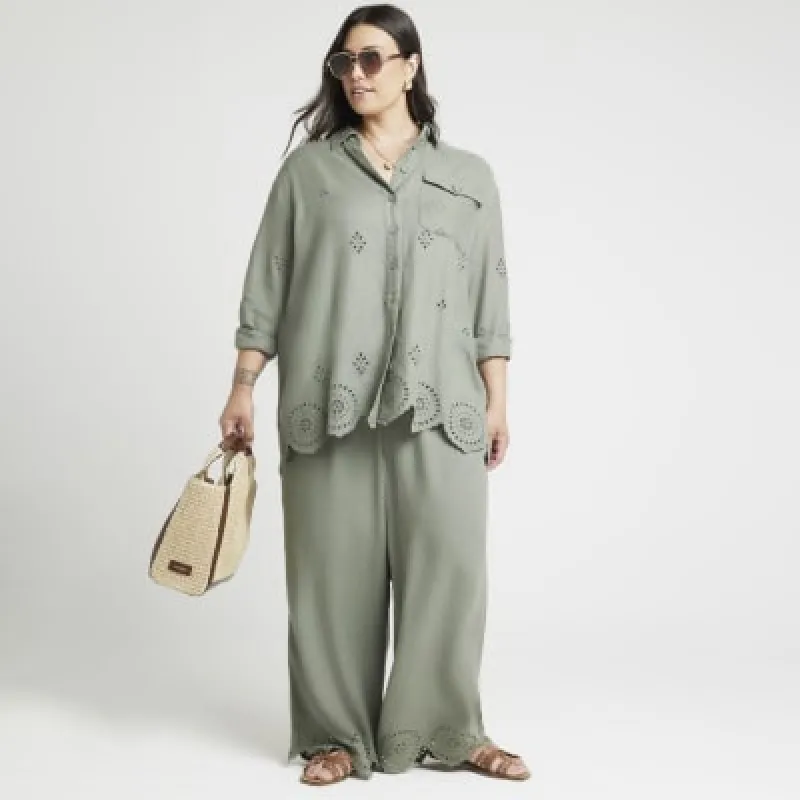Plus Khaki Linen Blend Broderie Detail Shirt made by River Island