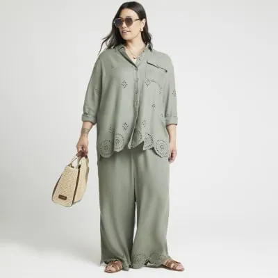 Plus Khaki Linen Blend Broderie Detail Shirt sold by River Island