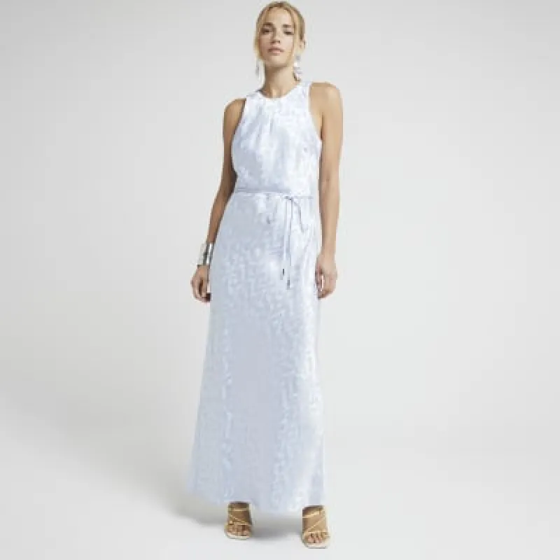 Blue jacquard belted slip maxi dress sold by River Island
