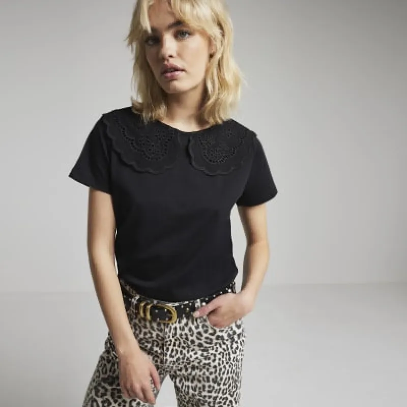 Black broderie collar t-shirt sold by River Island