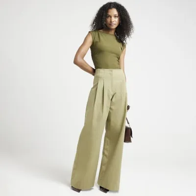 Khaki ribbed ruched side vest top sold by River Island