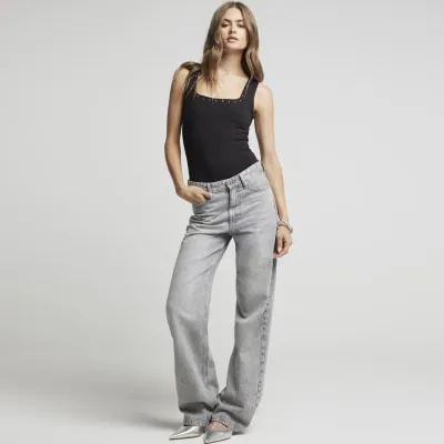 Black studded square neck bodysuit sold by River Island