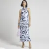 Blue satin floral cross back slip midi dress sold by River Island