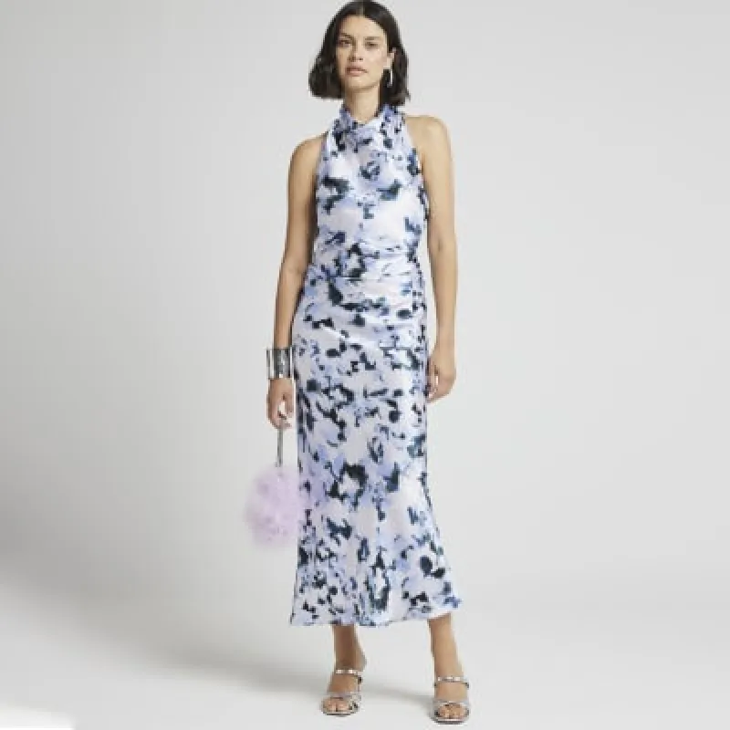 Blue satin floral cross back slip midi dress sold by River Island