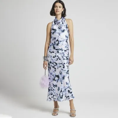 Blue satin floral cross back slip midi dress sold by River Island