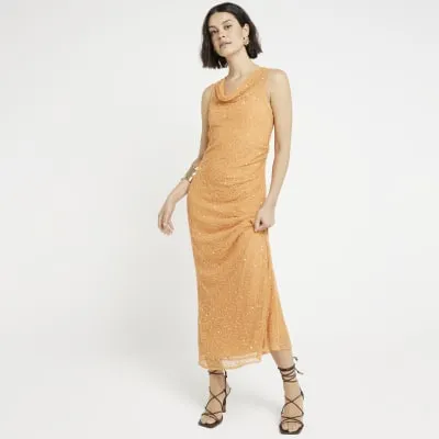 Orange sequin embellished slip midi dress sold by River Island