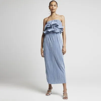 Blue plisse frill bandeau midi dress sold by River Island