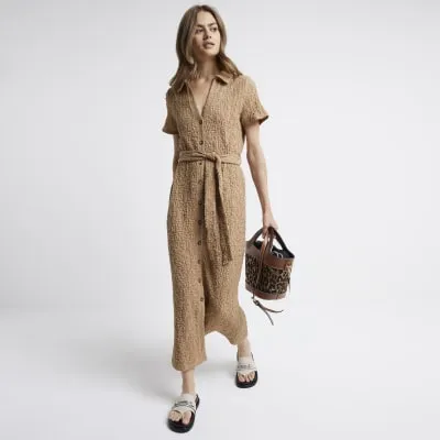Beige textured belted midi shirt dress sold by River Island