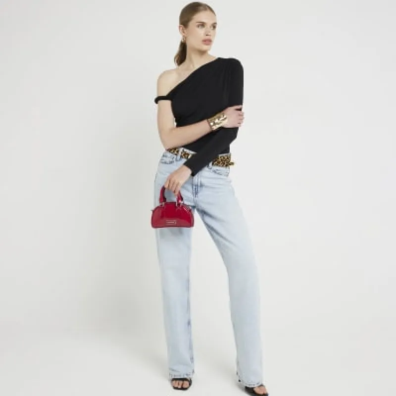 Black twist strap one shoulder top sold by River Island